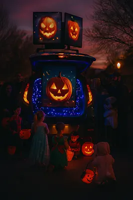 LED mobile billboard lights up a trunk‑or‑treat crowd at dusk, children and parents gather smiling.